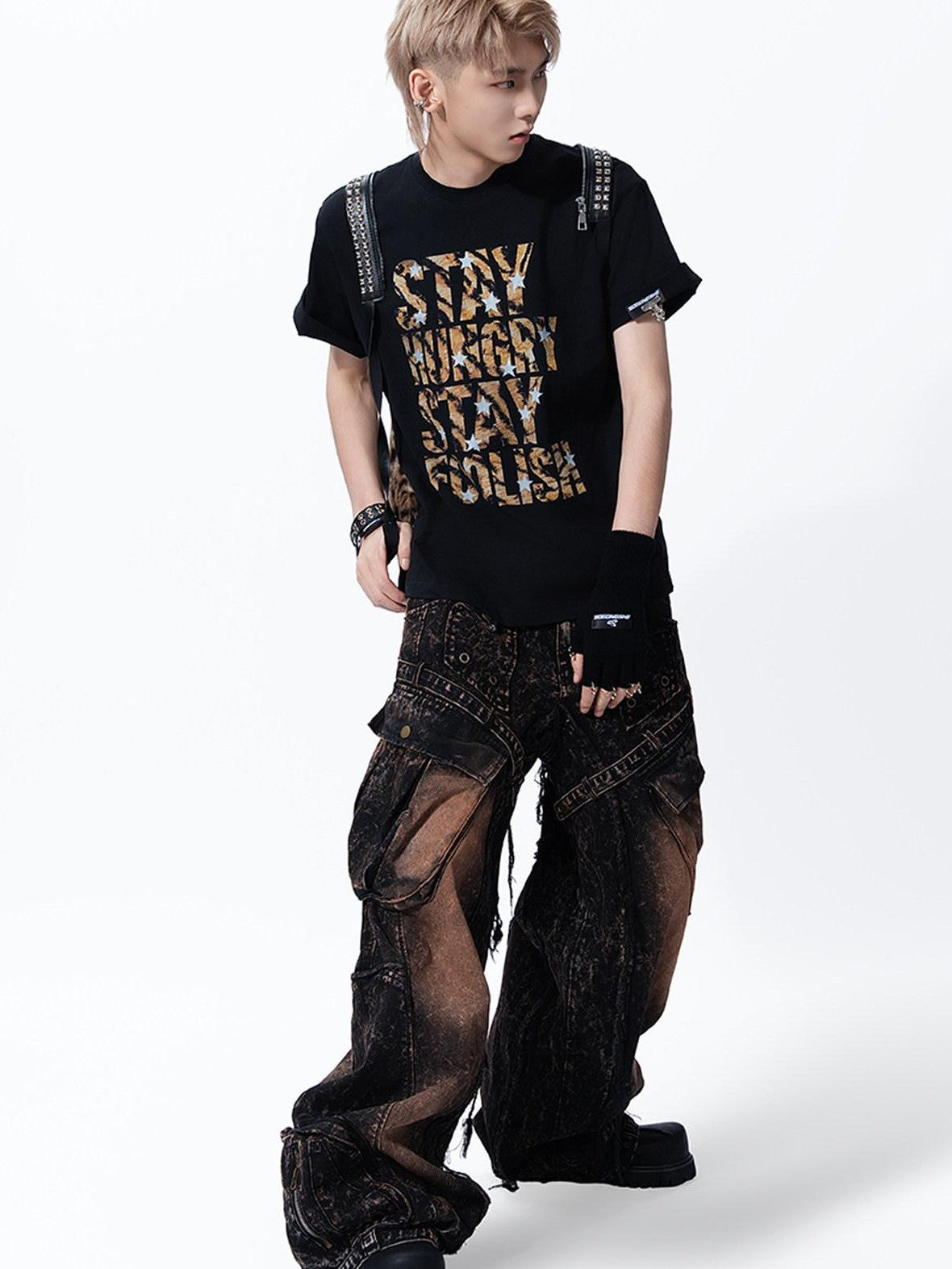 MOGONGSHE Leopard Star Distressed Letter Print Loose Women's Short Sleeve T-shirts