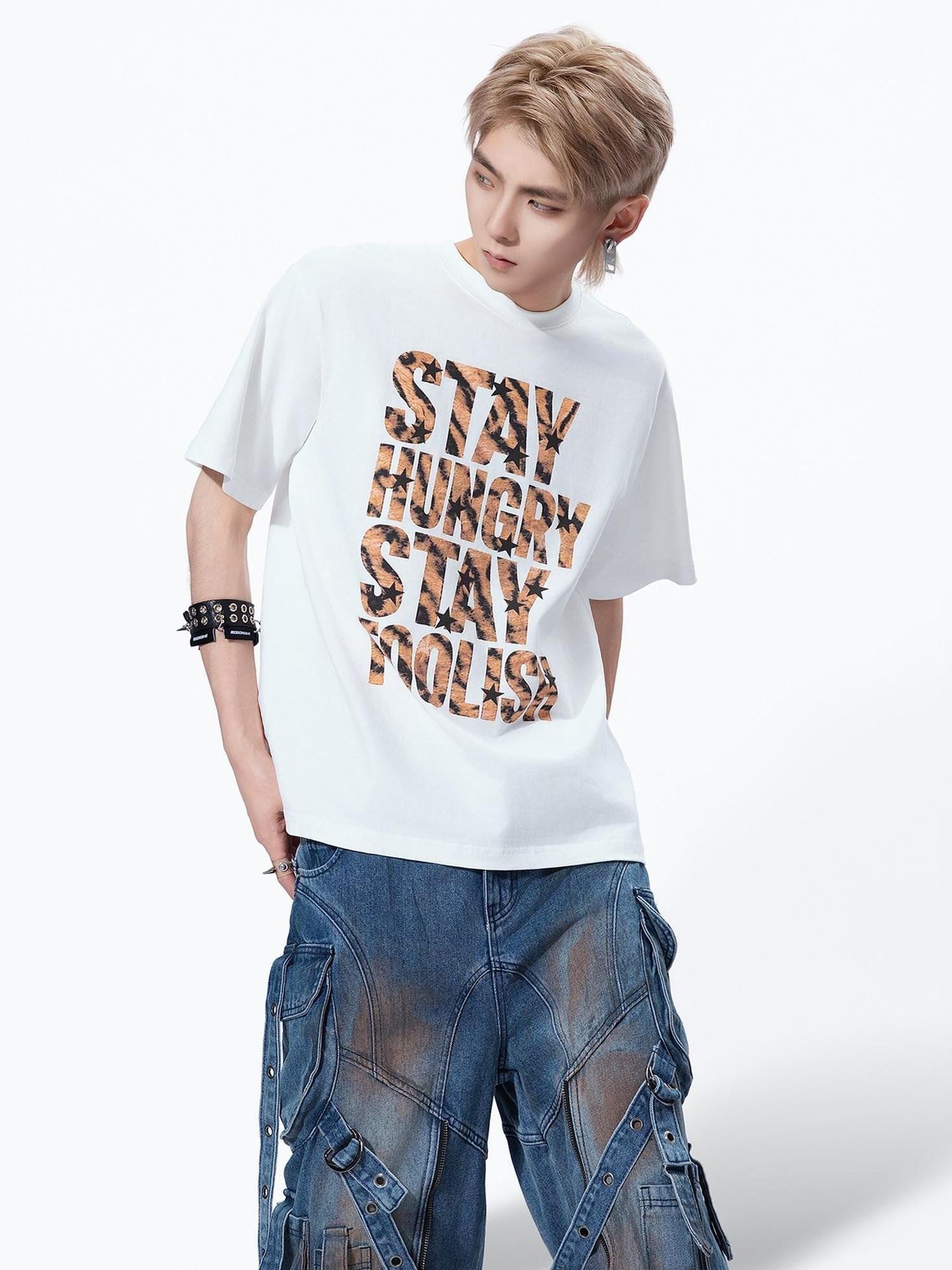 MOGONGSHE Leopard Star Distressed Letter Print Loose Women's Short Sleeve T-shirts