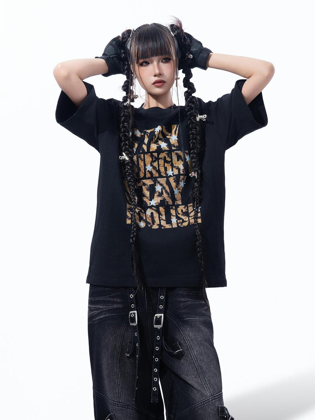 MOGONGSHE Leopard Star Distressed Letter Print Loose Women's Short Sleeve T-shirts