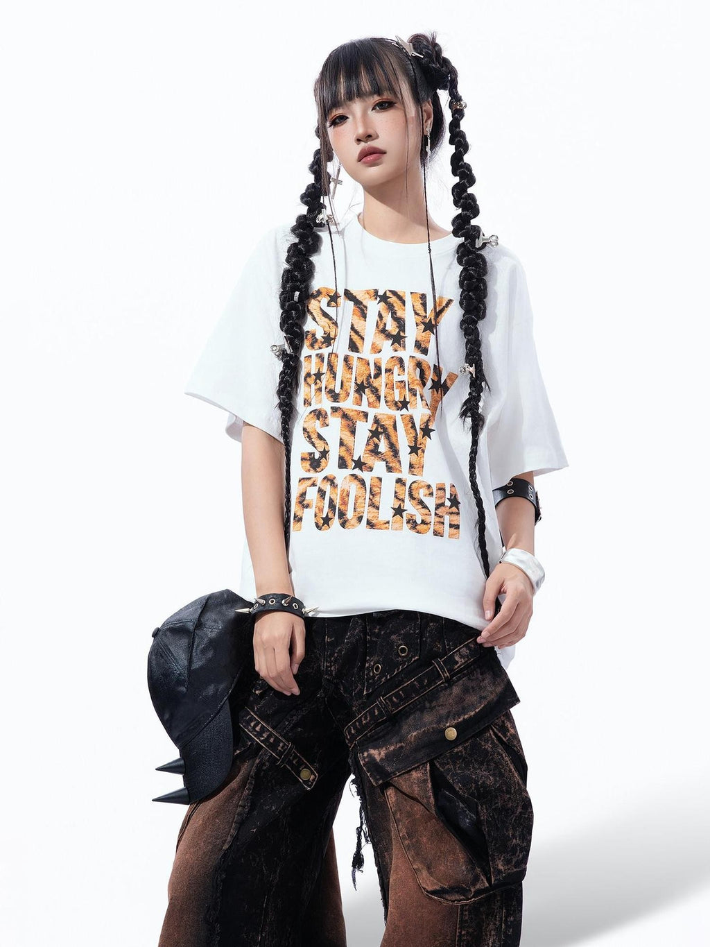 MOGONGSHE Leopard Star Distressed Letter Print Loose Women's Short Sleeve T-shirts