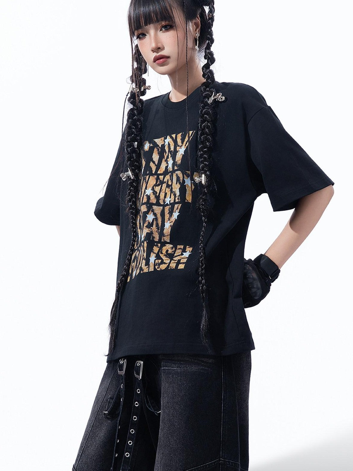 MOGONGSHE Leopard Star Distressed Letter Print Loose Women's Short Sleeve T-shirts