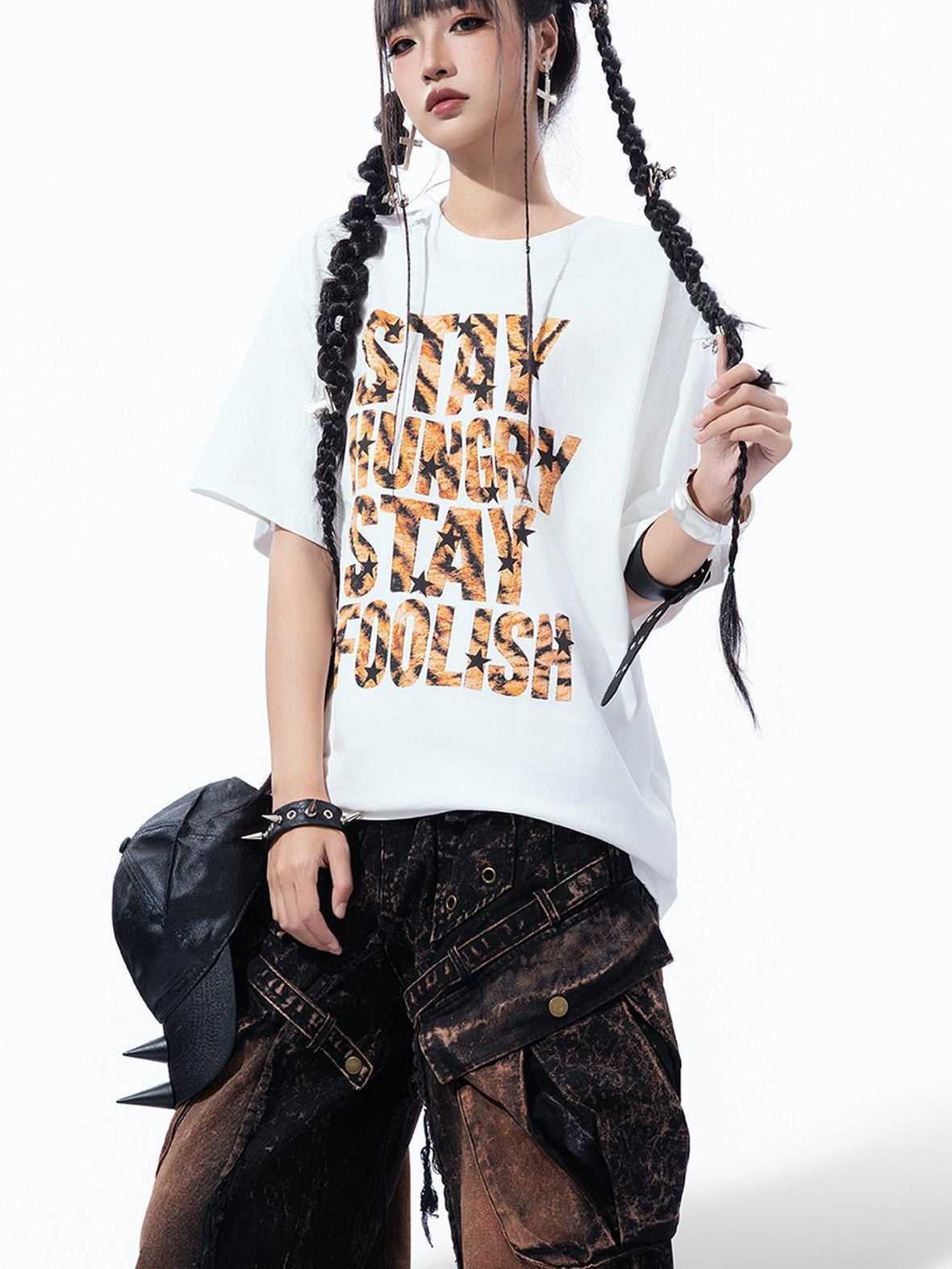 MOGONGSHE Leopard Star Distressed Letter Print Loose Women's Short Sleeve T-shirts