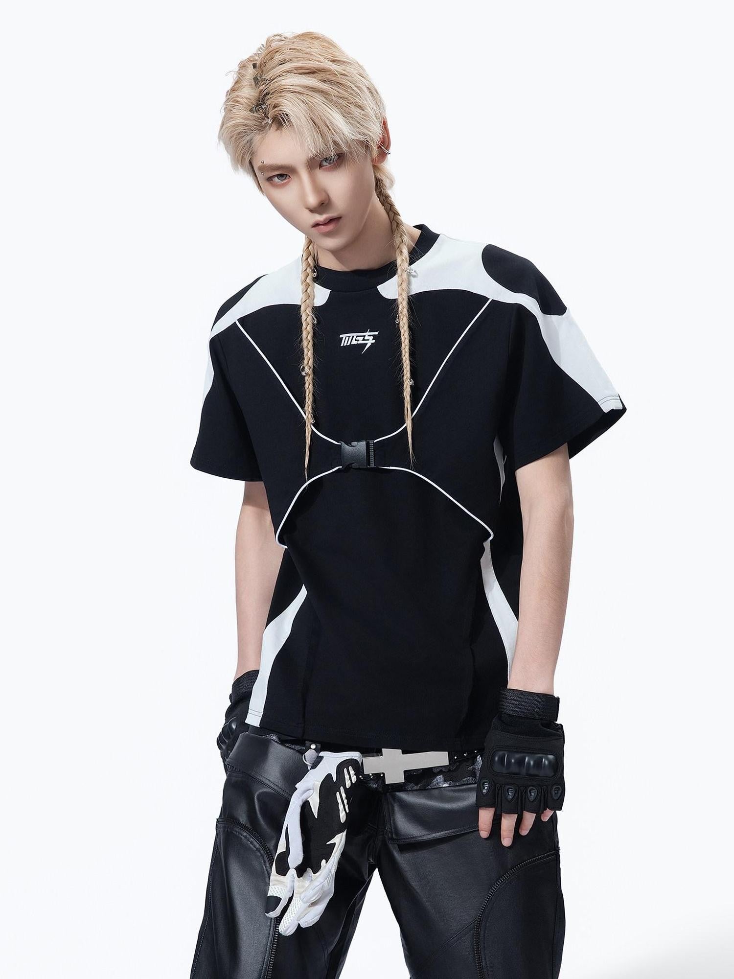 MOGONGSHE Monochrome Deconstructed Buckle Techwear Women's Short Sleeve T-shirts