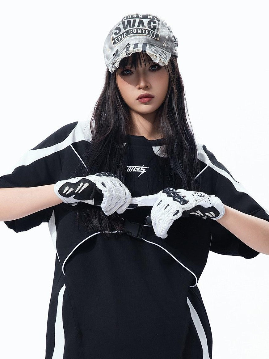 MOGONGSHE Monochrome Deconstructed Buckle Techwear Women's Short Sleeve T-shirts