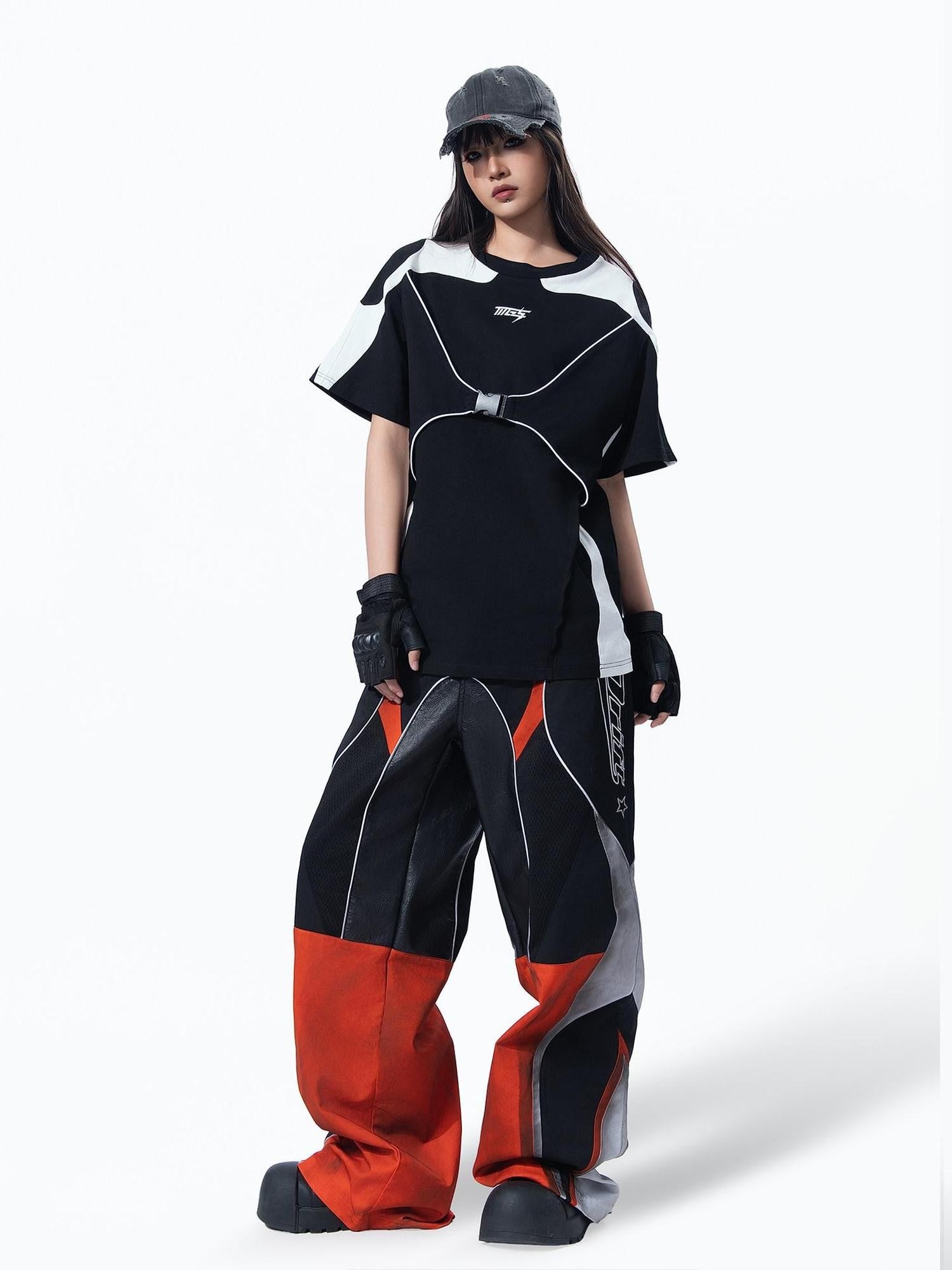 MOGONGSHE Monochrome Deconstructed Buckle Techwear Women's Short Sleeve T-shirts