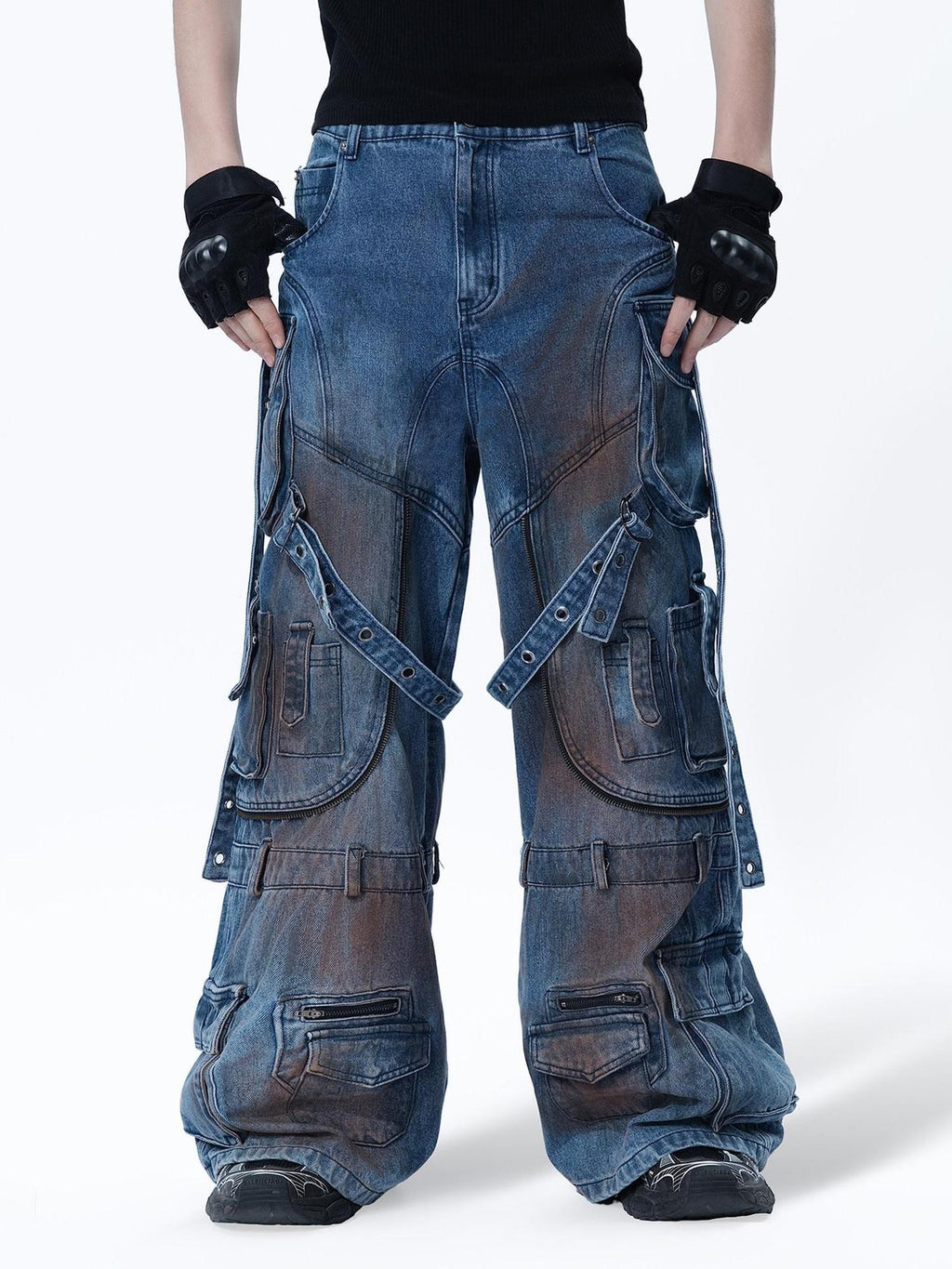 MOGONGSHE Mud Dyed Patchwork Lace Up Deconstructed Women's Denim Wide-leg Jeans