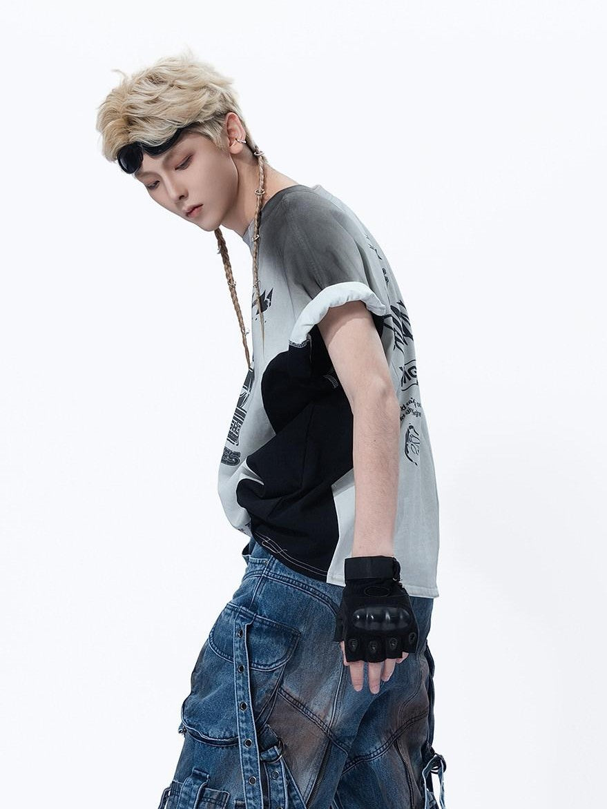 MOGONGSHE Mud Dyed Patchwork Lace Up Deconstructed Women's Denim Wide-leg Jeans