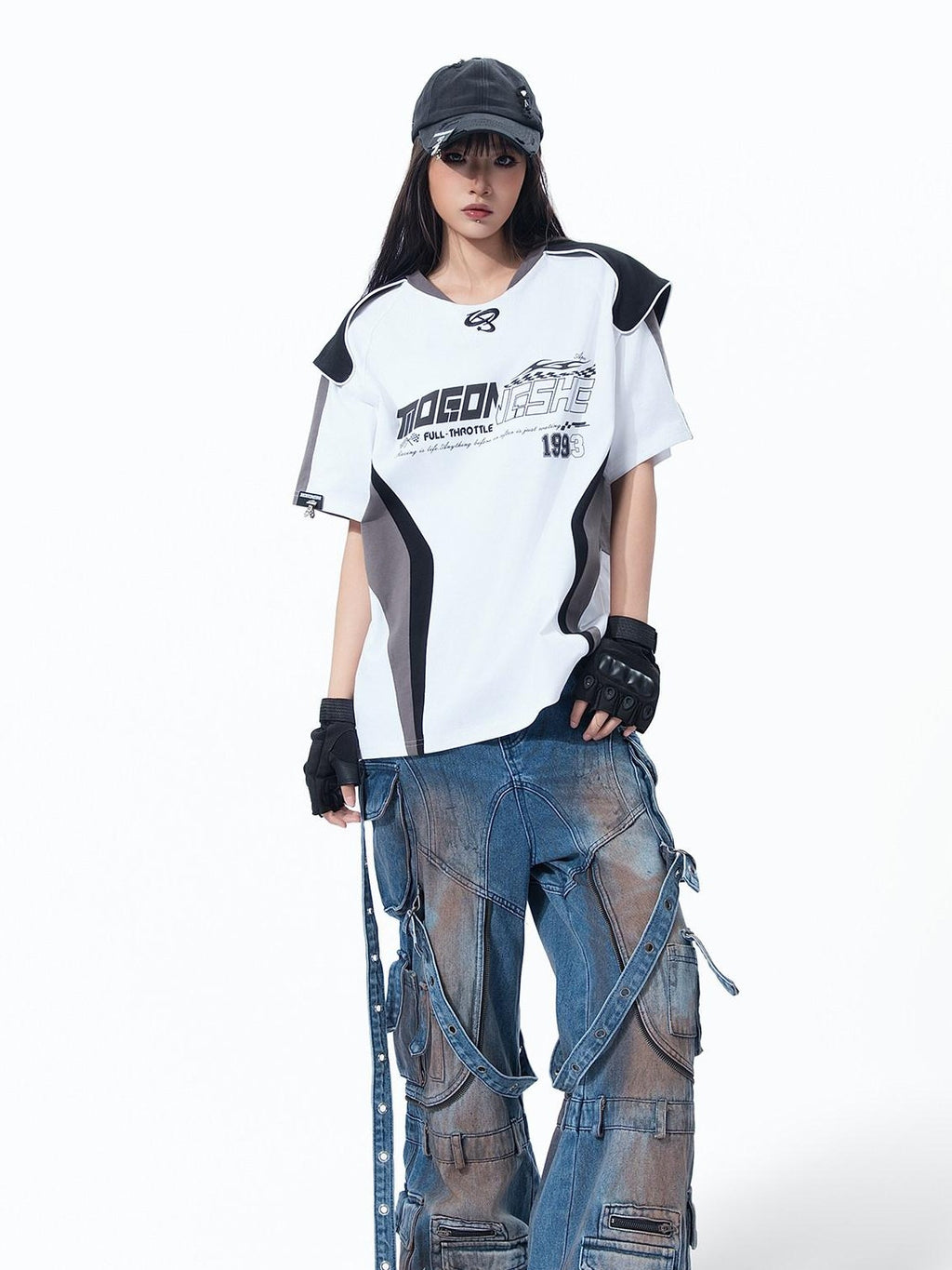 MOGONGSHE Mud Dyed Patchwork Lace Up Deconstructed Women's Denim Wide-leg Jeans