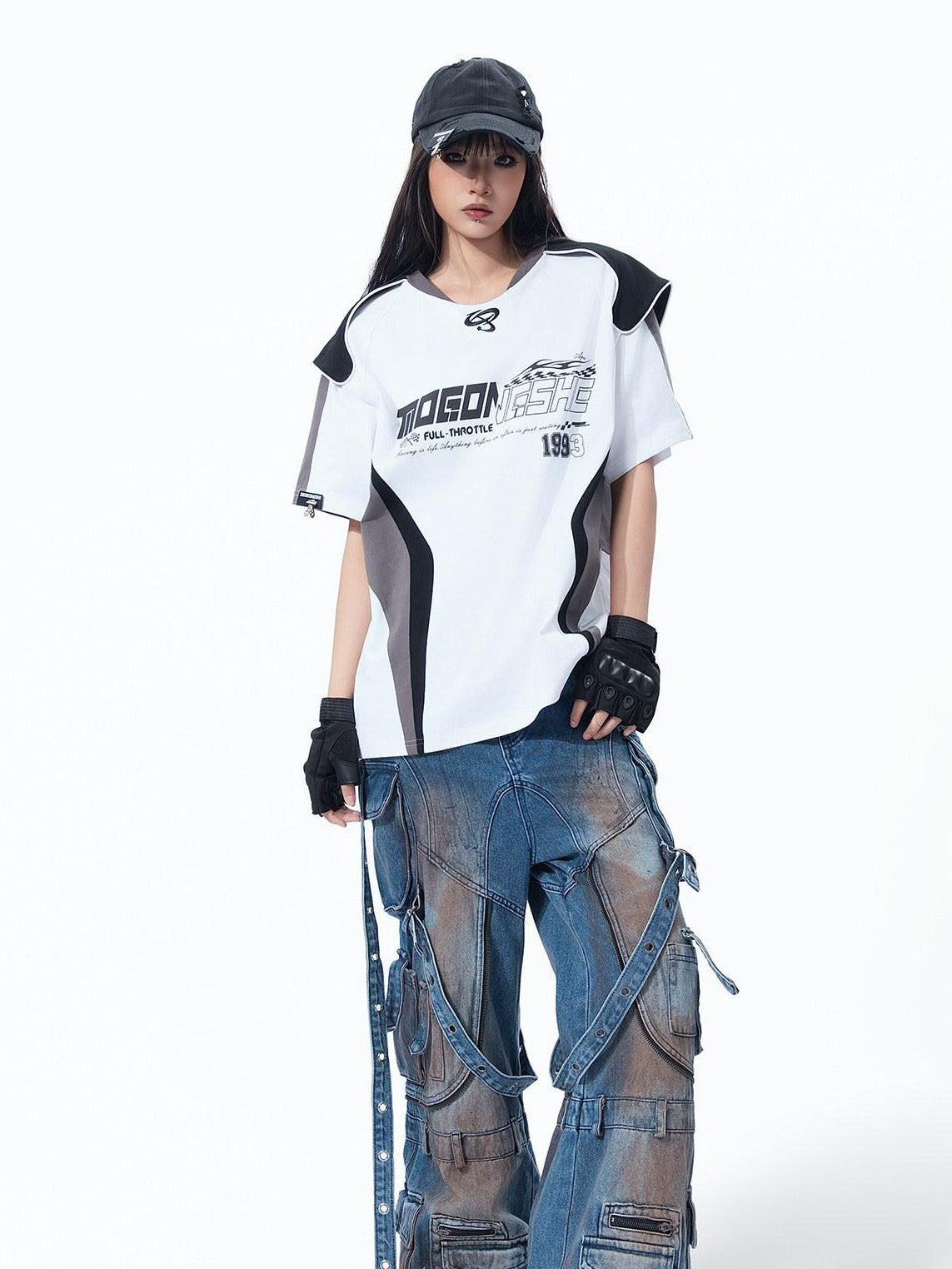 MOGONGSHE Mud Dyed Patchwork Lace Up Deconstructed Women's Denim Wide-leg Jeans