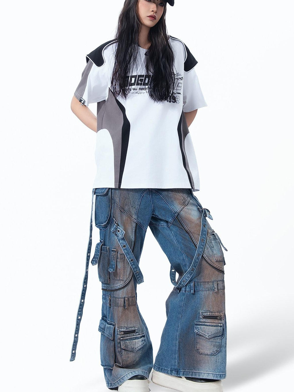 MOGONGSHE Mud Dyed Patchwork Lace Up Deconstructed Women's Denim Wide-leg Jeans