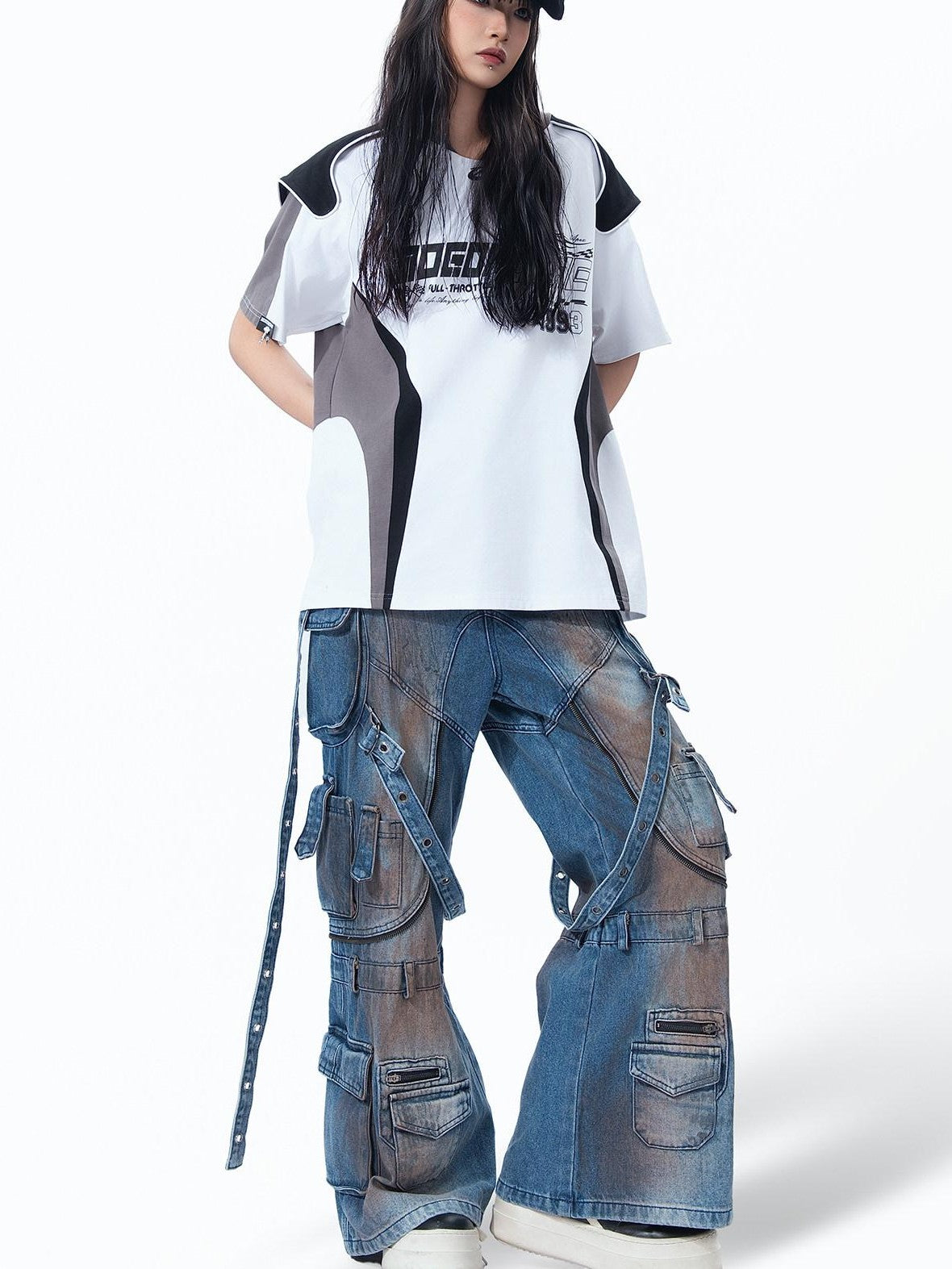 MOGONGSHE Mud Dyed Patchwork Lace Up Deconstructed Women's Denim Wide-leg Jeans