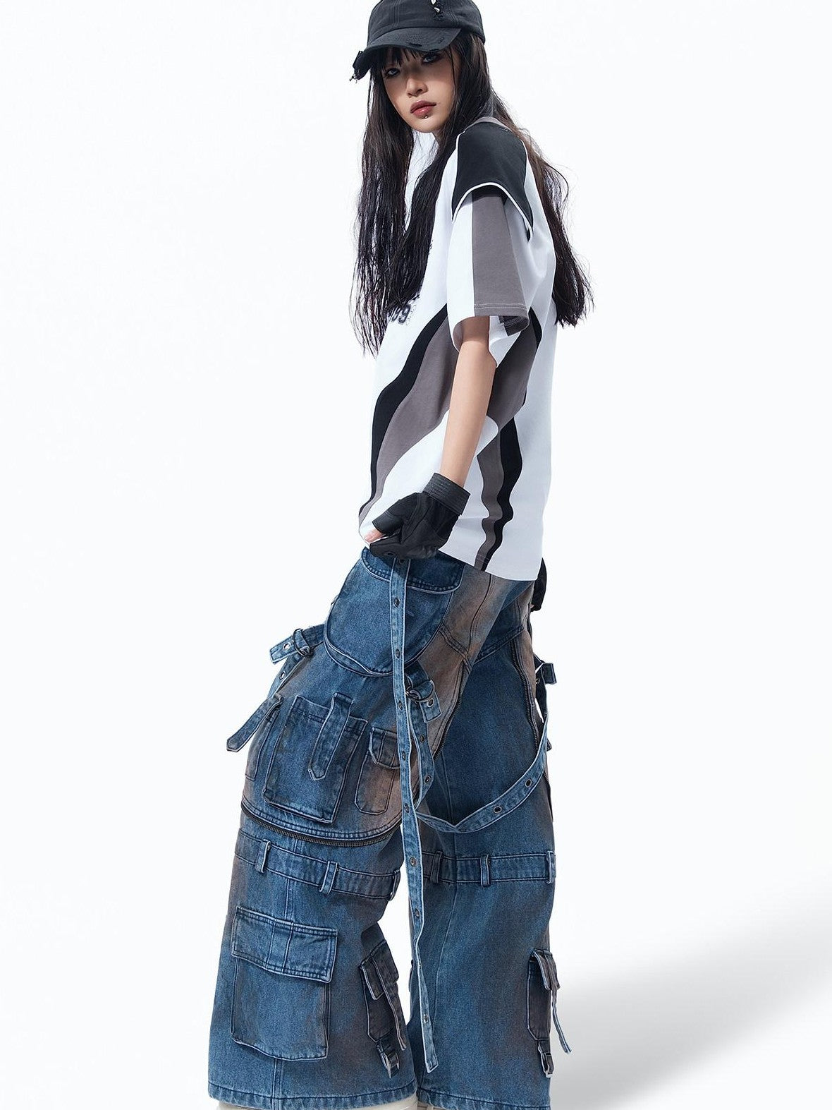 MOGONGSHE Mud Dyed Patchwork Lace Up Deconstructed Women's Denim Wide-leg Jeans