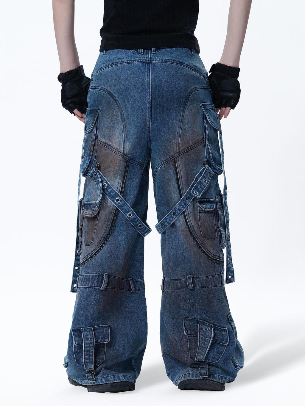MOGONGSHE Mud Dyed Patchwork Lace Up Deconstructed Women's Denim Wide-leg Jeans