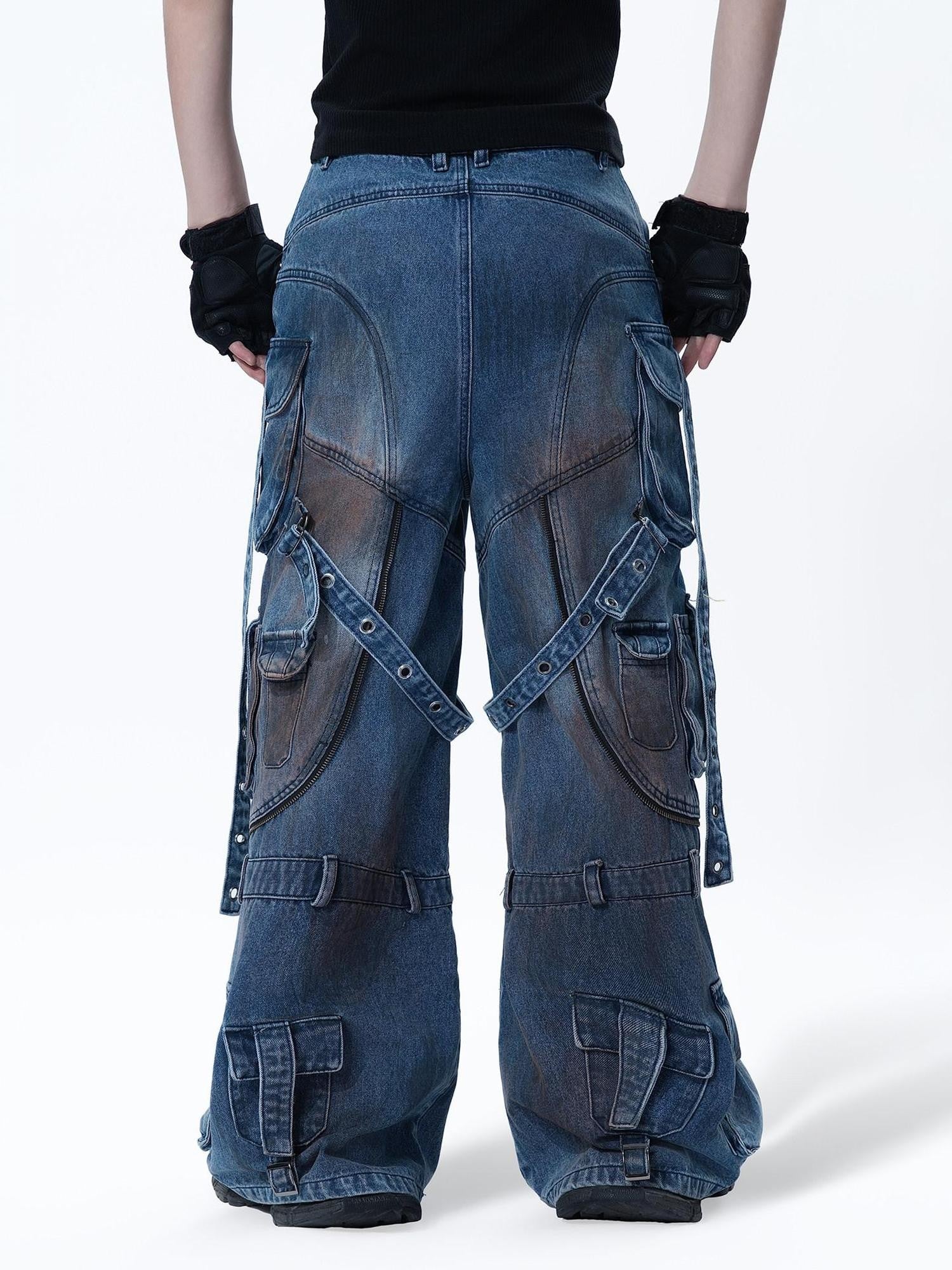 MOGONGSHE Mud Dyed Patchwork Lace Up Deconstructed Women's Denim Wide-leg Jeans