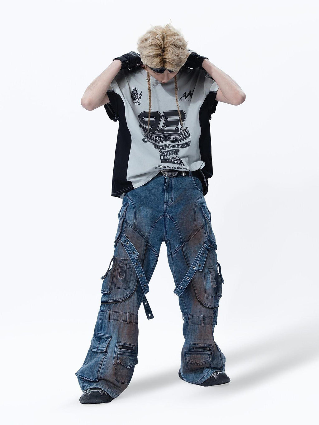 MOGONGSHE Mud Dyed Patchwork Lace Up Deconstructed Women's Denim Wide-leg Jeans