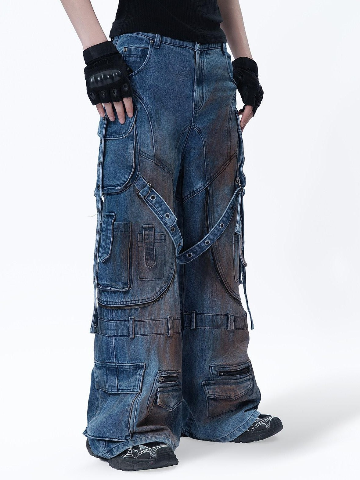 MOGONGSHE Mud Dyed Patchwork Lace Up Deconstructed Women's Denim Wide-leg Jeans