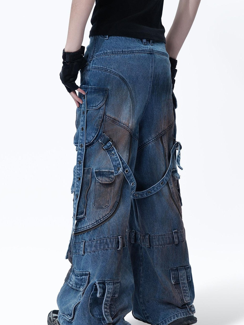 MOGONGSHE Mud Dyed Patchwork Lace Up Deconstructed Women's Denim Wide-leg Jeans