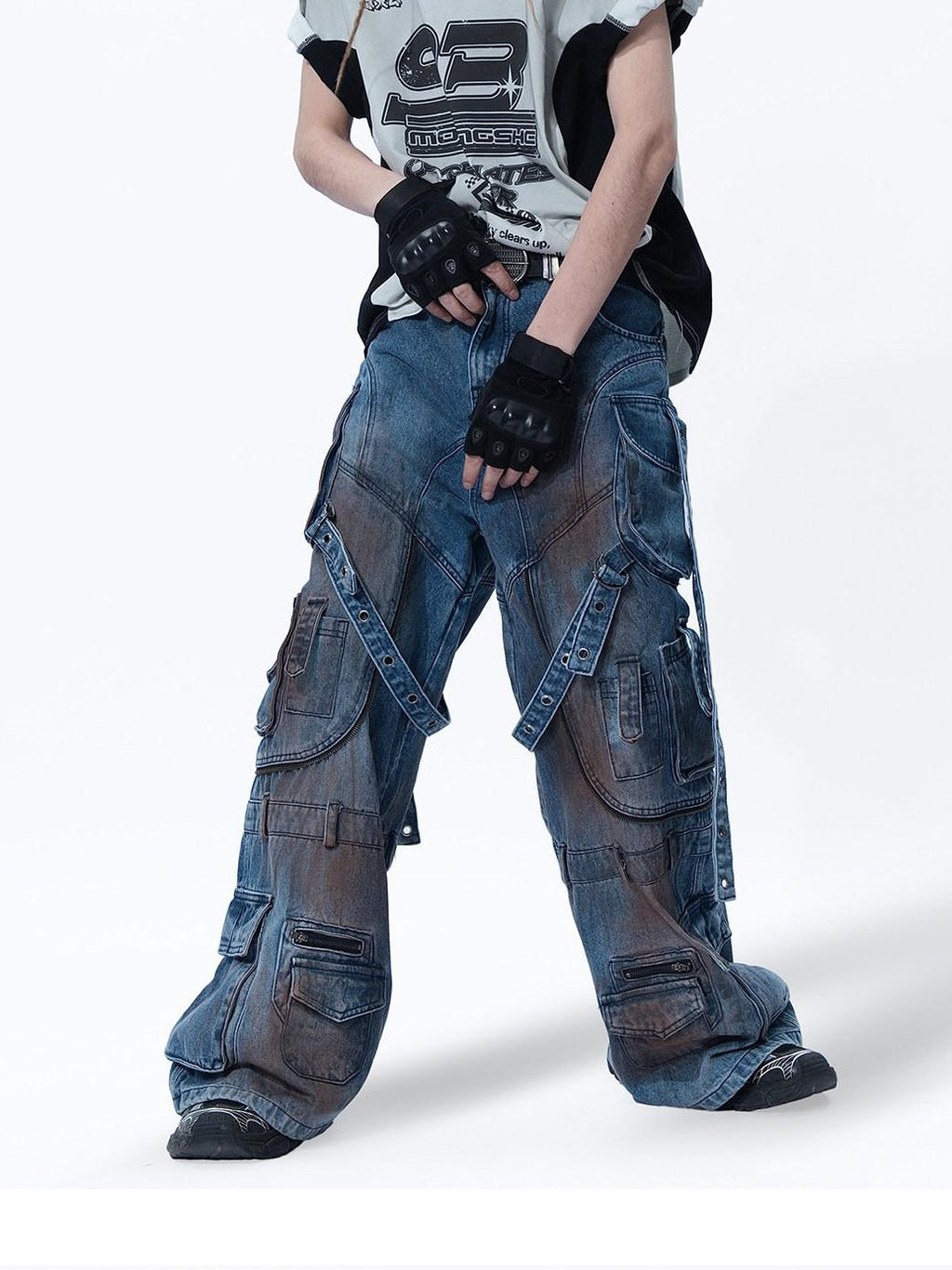 MOGONGSHE Mud Dyed Patchwork Lace Up Deconstructed Women's Denim Wide-leg Jeans
