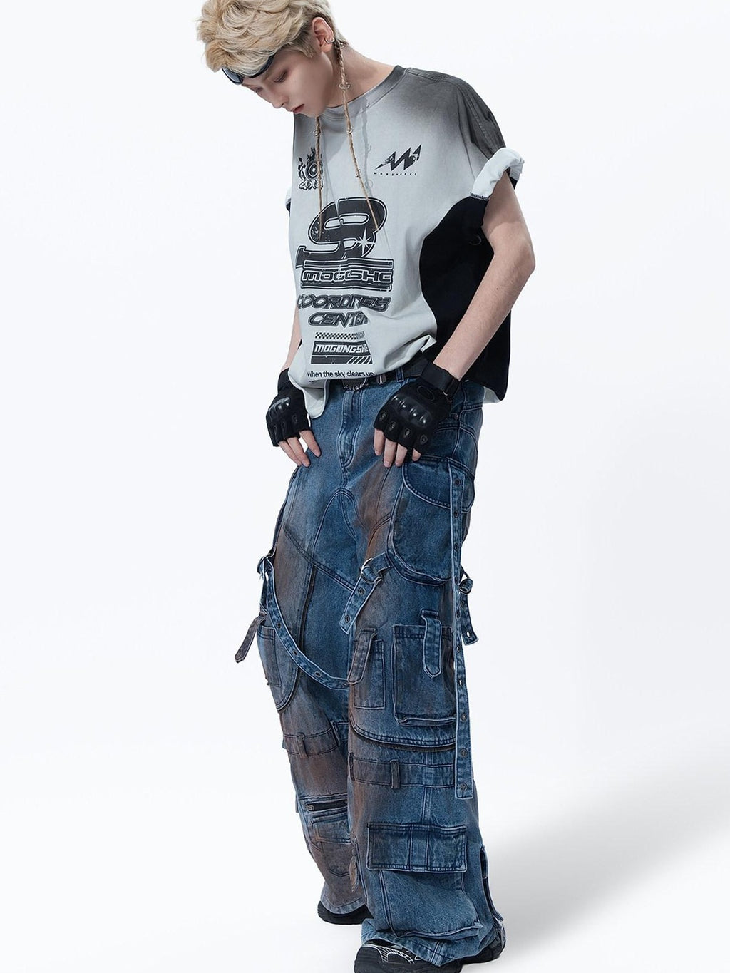 MOGONGSHE Mud Dyed Patchwork Lace Up Deconstructed Women's Denim Wide-leg Jeans