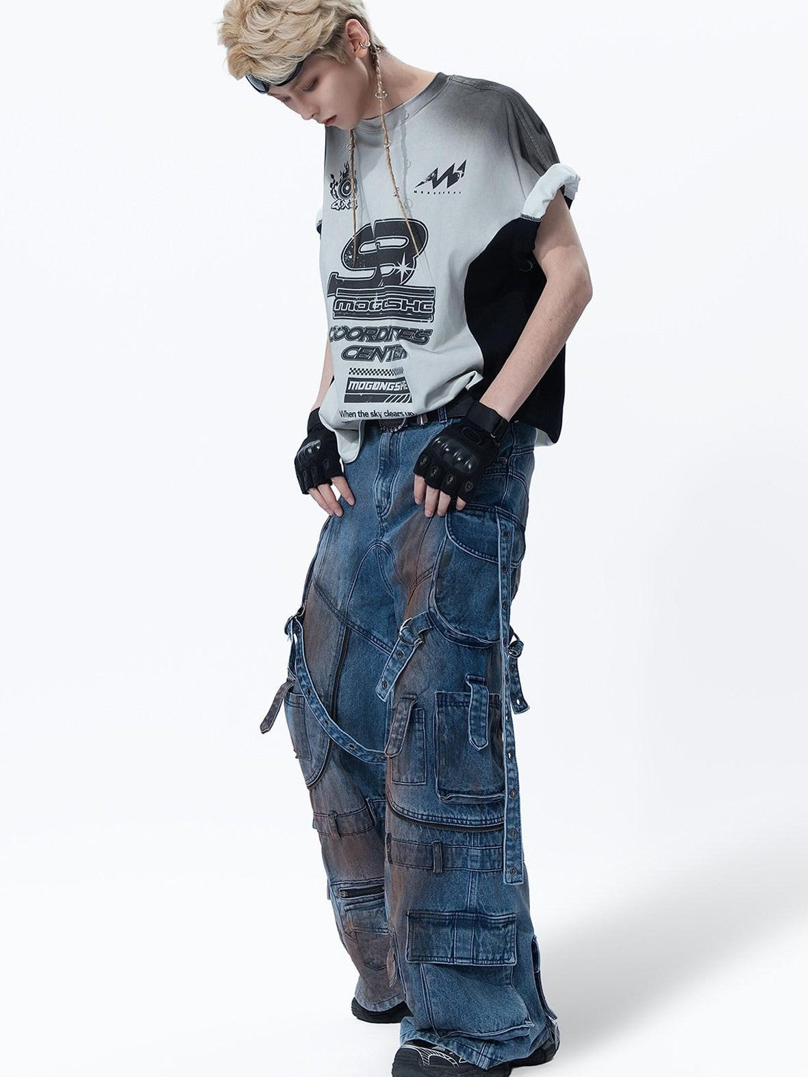 MOGONGSHE Mud Dyed Patchwork Lace Up Deconstructed Women's Denim Wide-leg Jeans