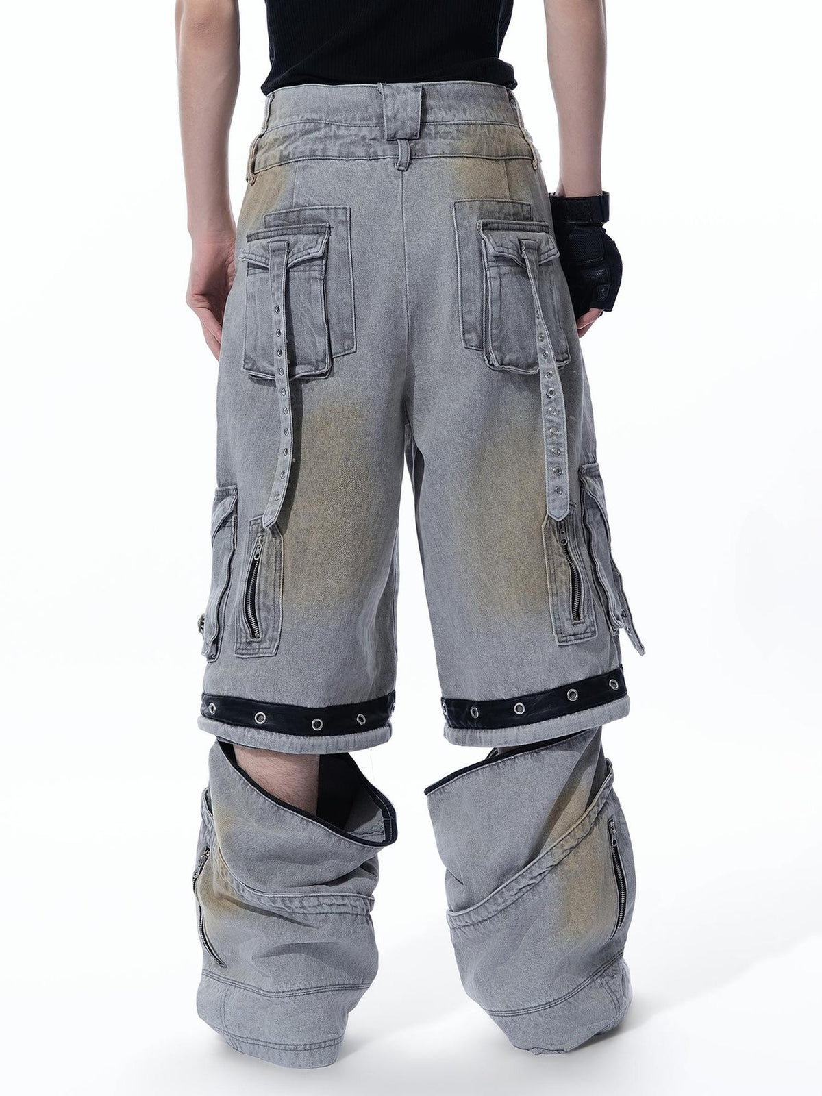 MOGONGSHE Multi Pocket Bleached Detachable Cotton Women's Loose Jeans