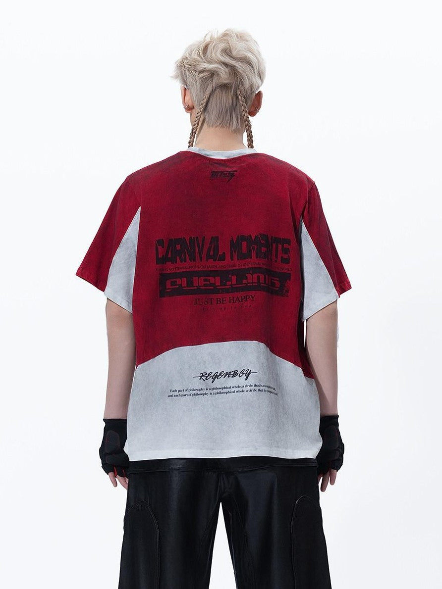 MOGONGSHE Racing Colorblock Washed Loose Women's Short Sleeve T-shirts