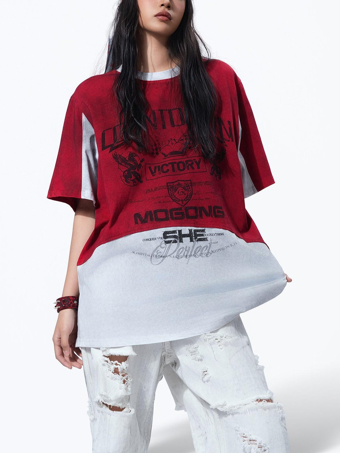 MOGONGSHE Racing Colorblock Washed Loose Women's Short Sleeve T-shirts