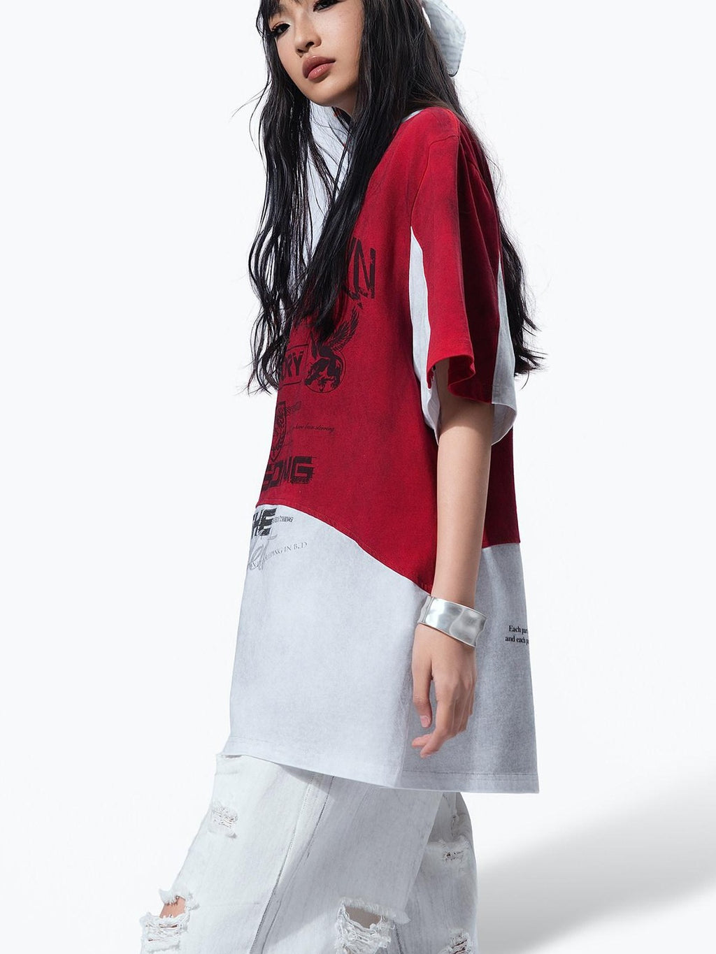 MOGONGSHE Racing Colorblock Washed Loose Women's Short Sleeve T-shirts