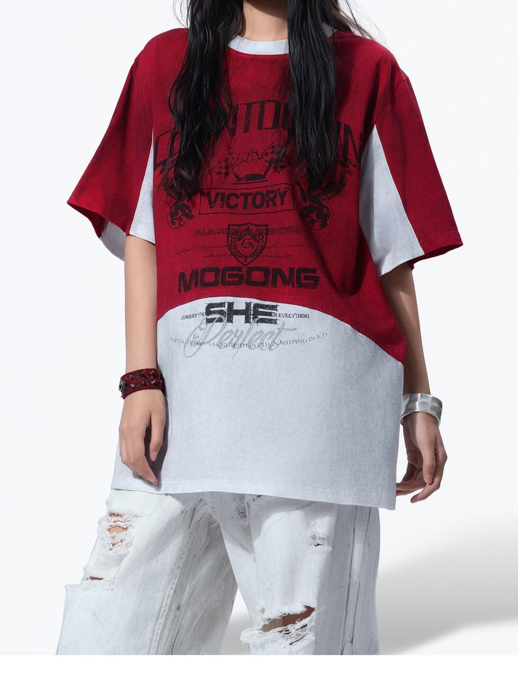 MOGONGSHE Racing Colorblock Washed Loose Women's Short Sleeve T-shirts