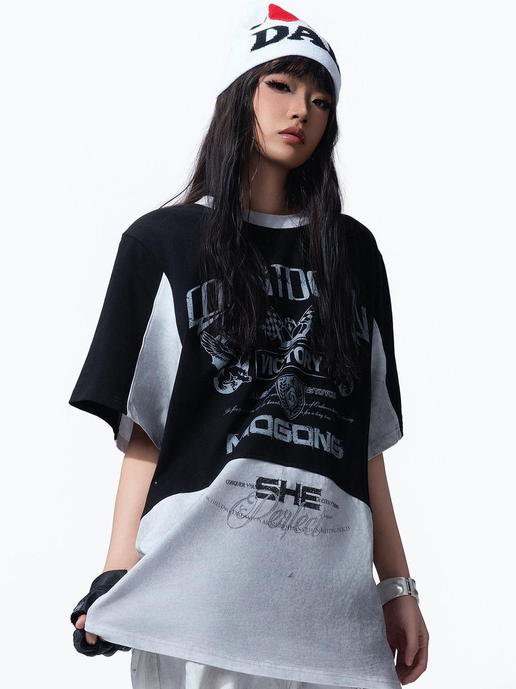 MOGONGSHE Racing Colorblock Washed Loose Women's Short Sleeve T-shirts