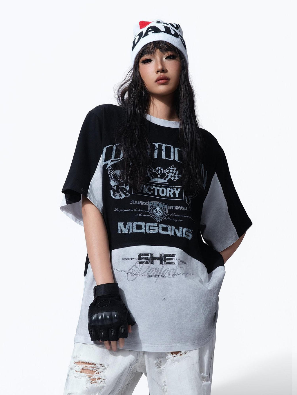 MOGONGSHE Racing Colorblock Washed Loose Women's Short Sleeve T-shirts
