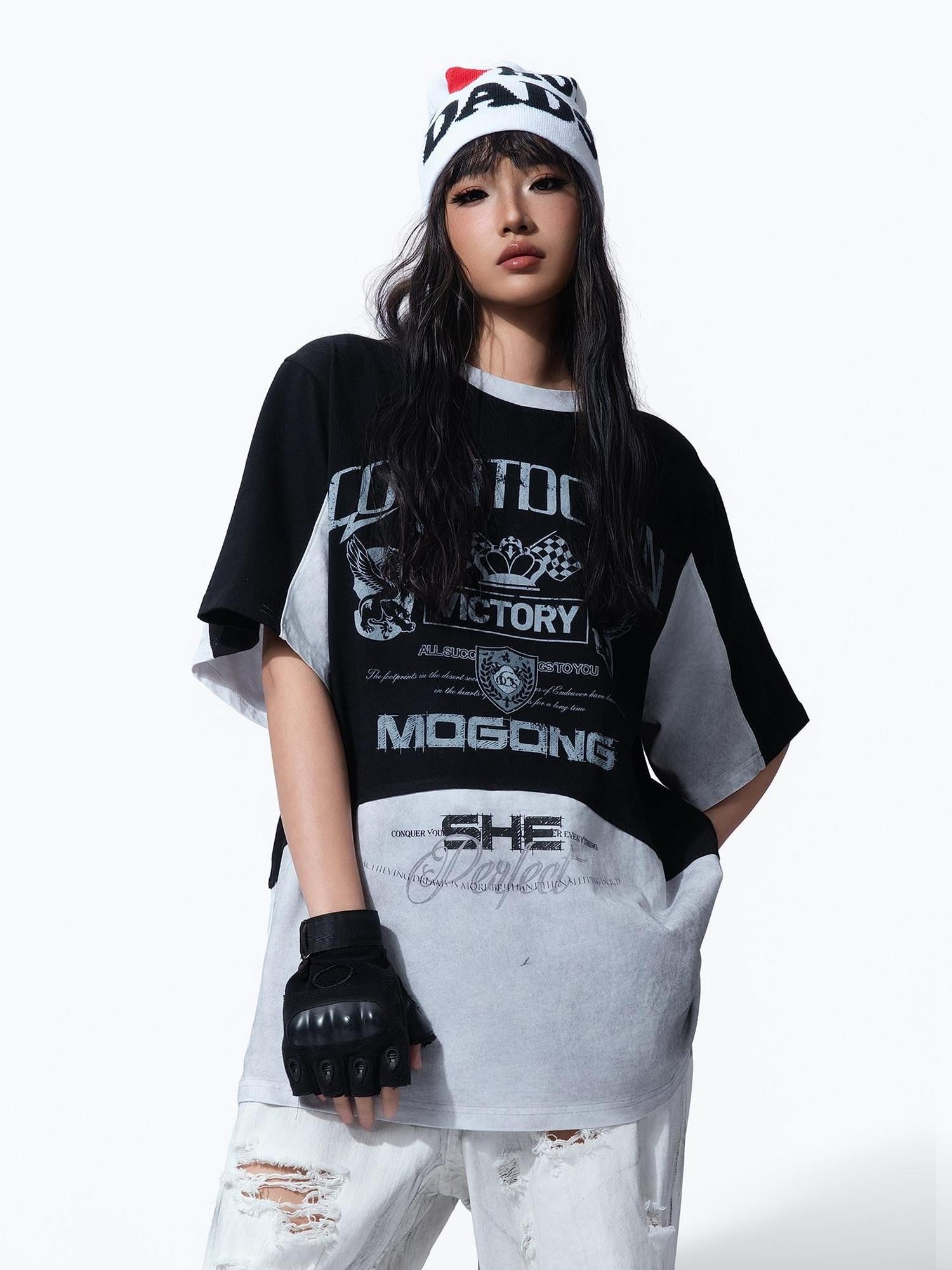 MOGONGSHE Racing Colorblock Washed Loose Women's Short Sleeve T-shirts