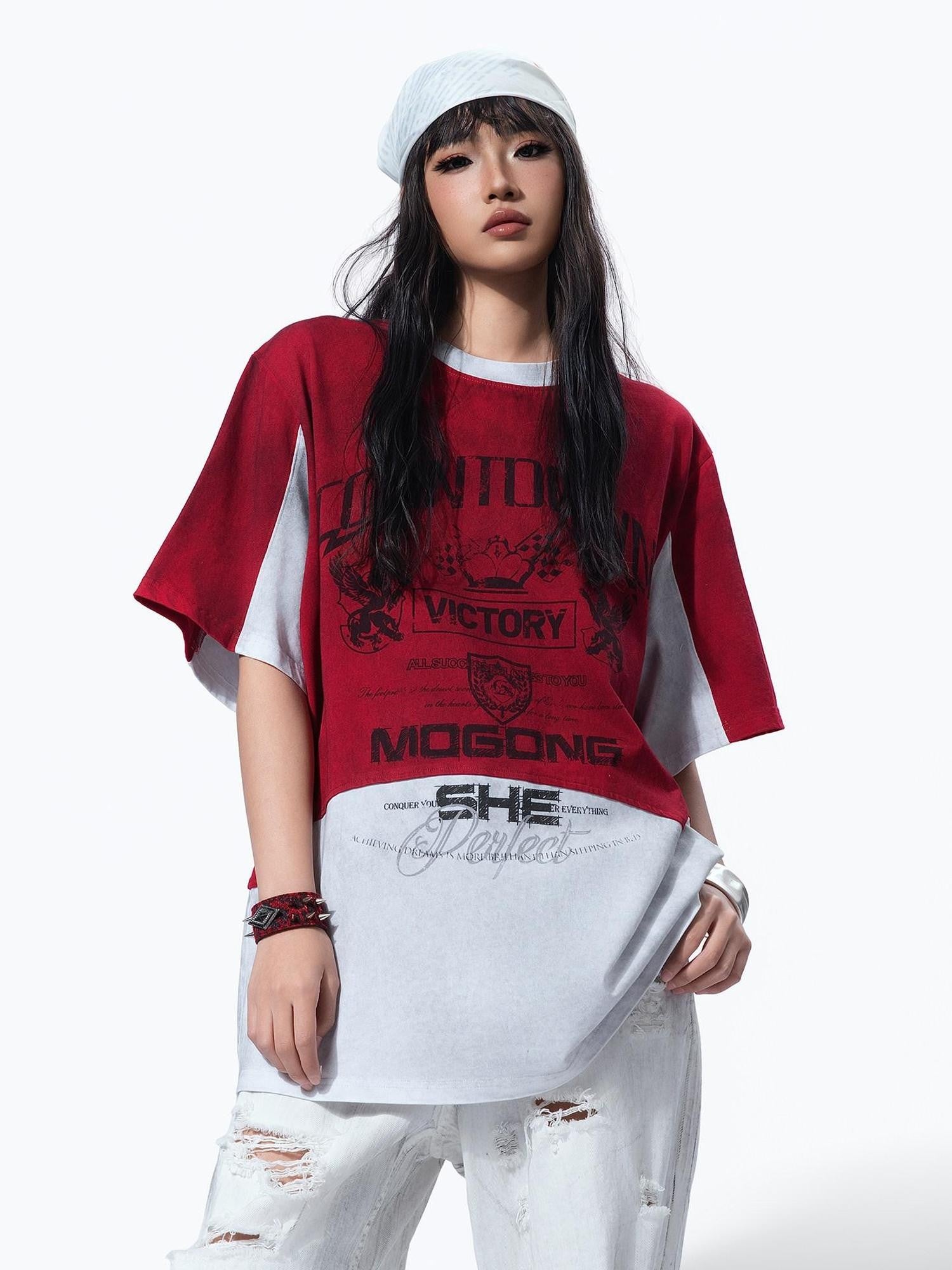 MOGONGSHE Racing Colorblock Washed Loose Women's Short Sleeve T-shirts