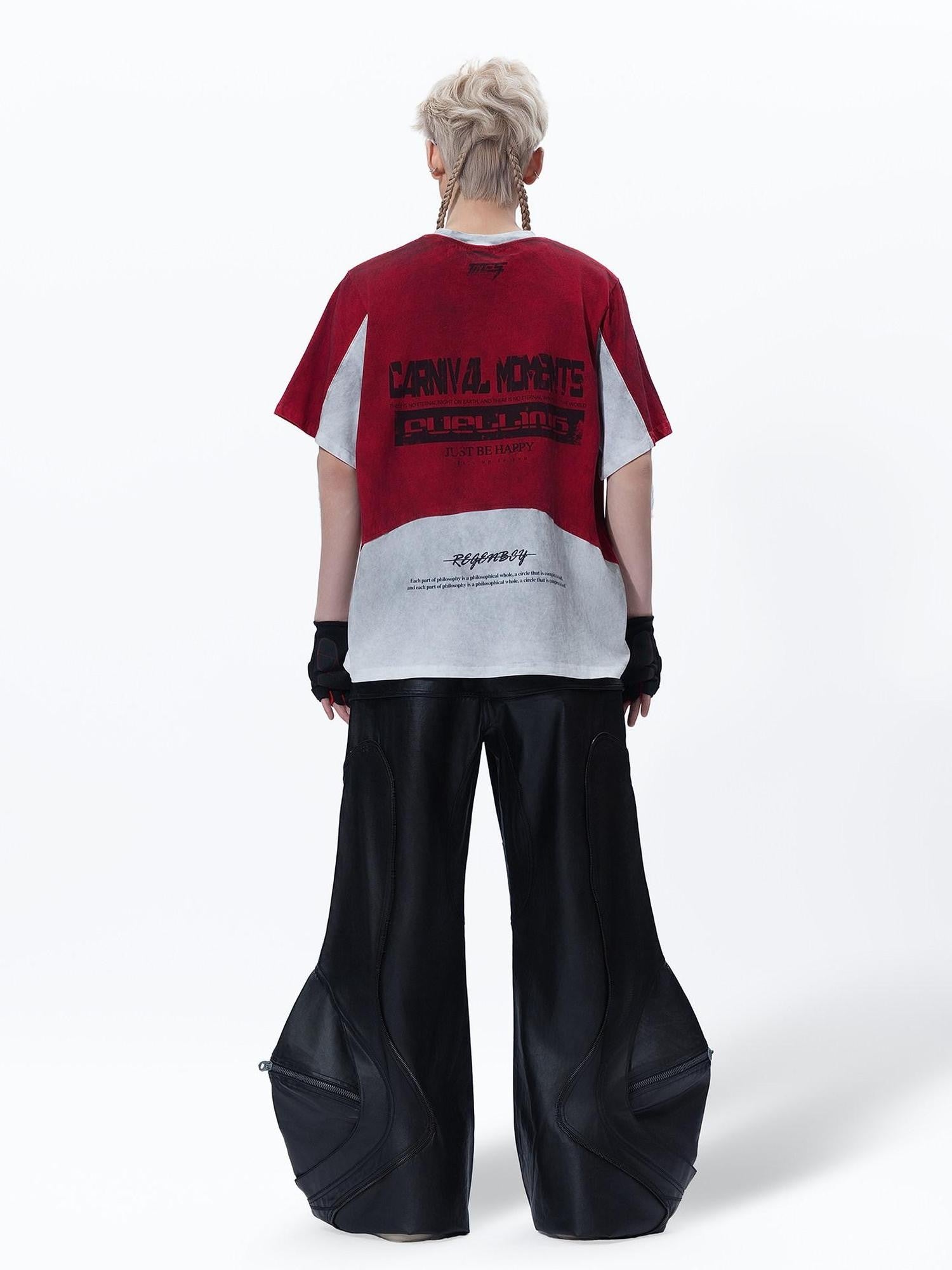 MOGONGSHE Racing Colorblock Washed Loose Women's Short Sleeve T-shirts