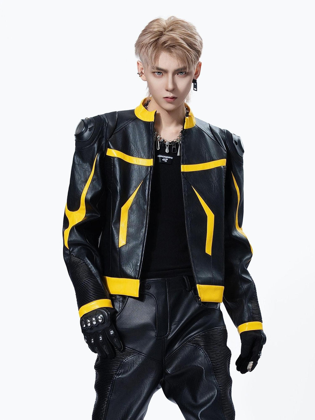MOGONGSHE Racing Shoulder Pads Stand Collar Zipper Women's Pu Leather Jackets