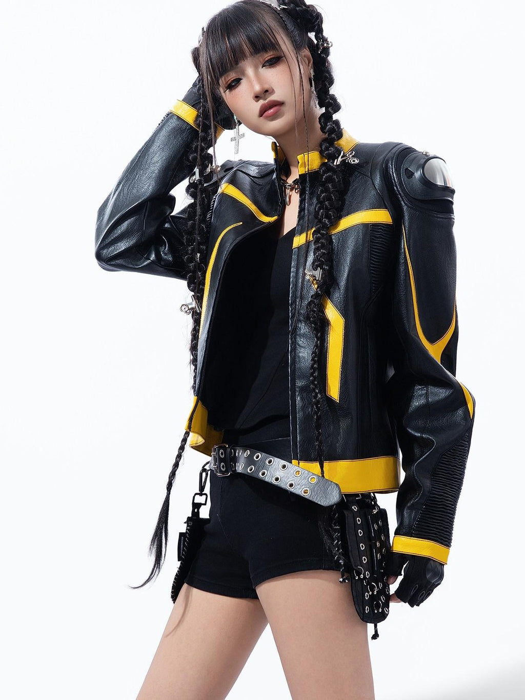 MOGONGSHE Racing Shoulder Pads Stand Collar Zipper Women's Pu Leather Jackets
