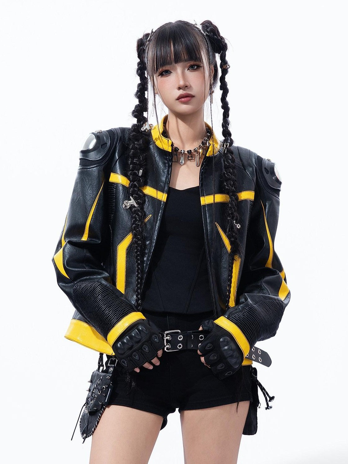 MOGONGSHE Racing Shoulder Pads Stand Collar Zipper Women's Pu Leather Jackets