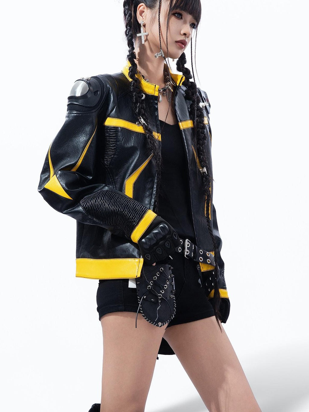 MOGONGSHE Racing Shoulder Pads Stand Collar Zipper Women's Pu Leather Jackets