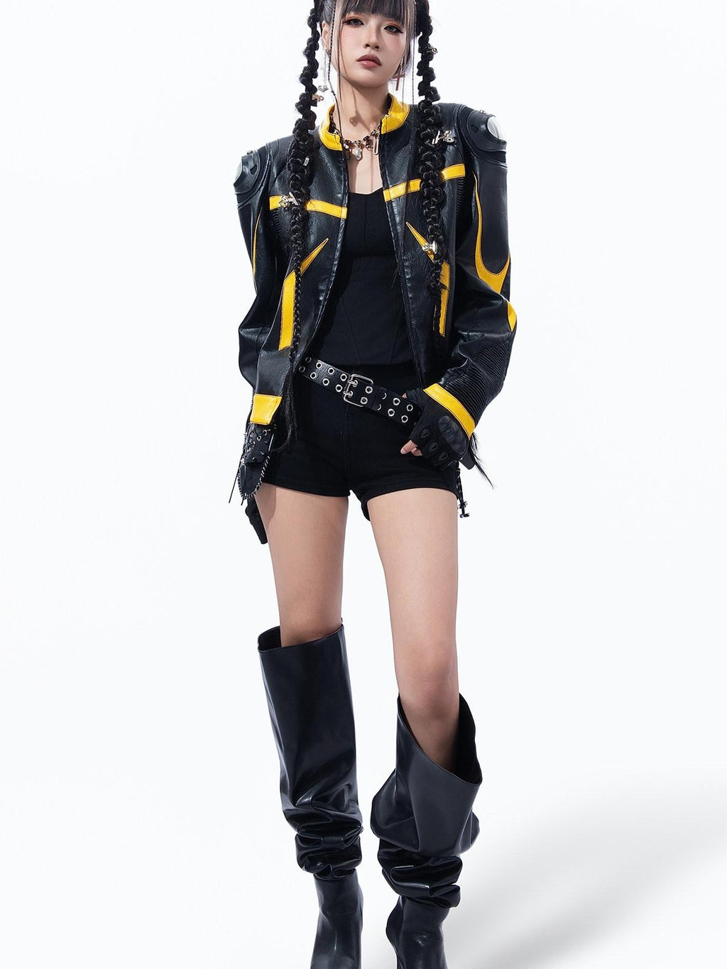 MOGONGSHE Racing Shoulder Pads Stand Collar Zipper Women's Pu Leather Jackets