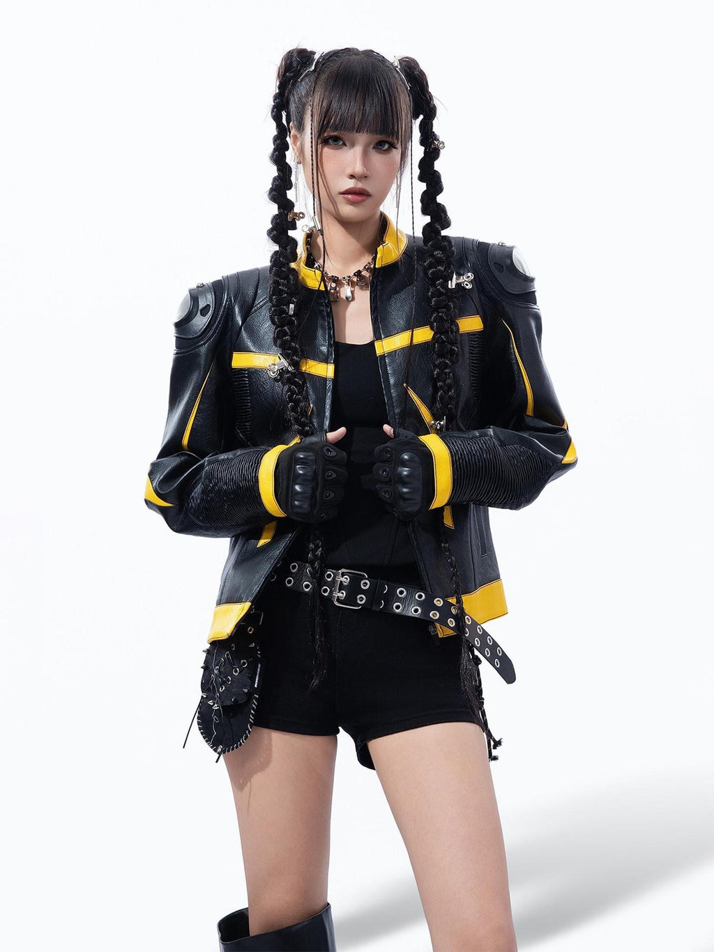 MOGONGSHE Racing Shoulder Pads Stand Collar Zipper Women's Pu Leather Jackets