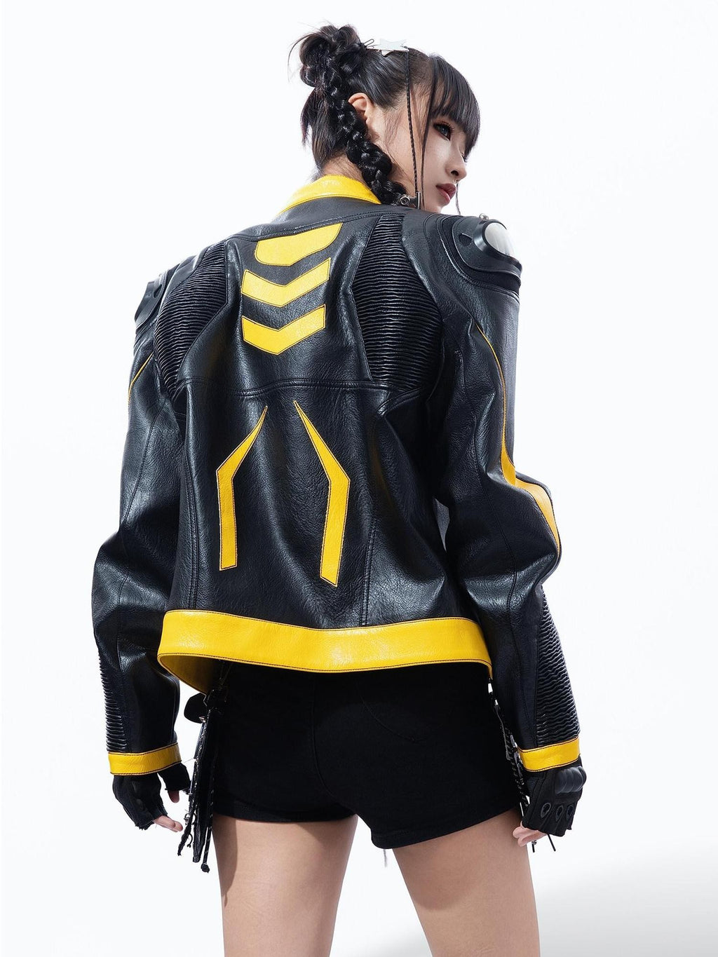 MOGONGSHE Racing Shoulder Pads Stand Collar Zipper Women's Pu Leather Jackets