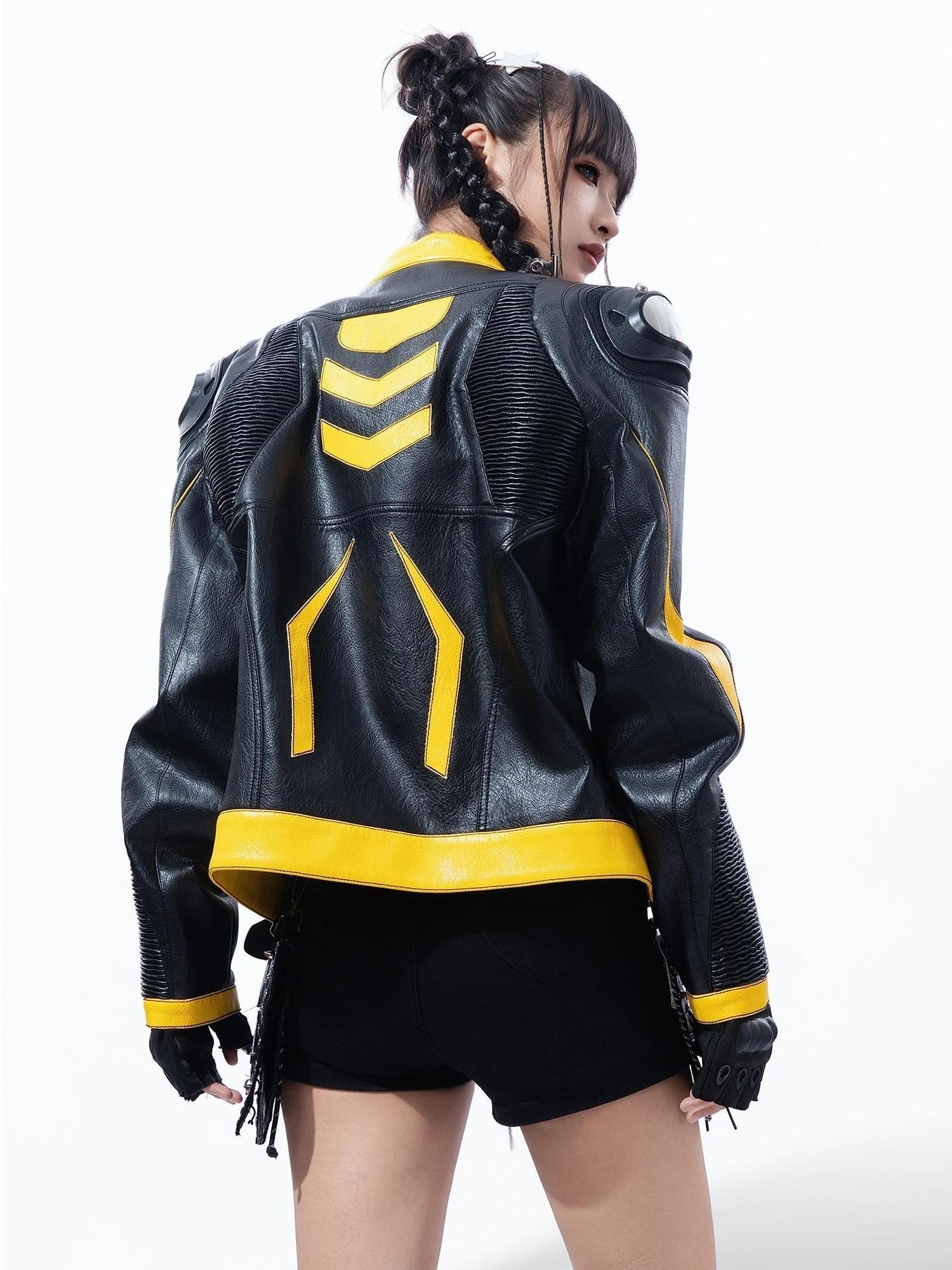 MOGONGSHE Racing Shoulder Pads Stand Collar Zipper Women's Pu Leather Jackets
