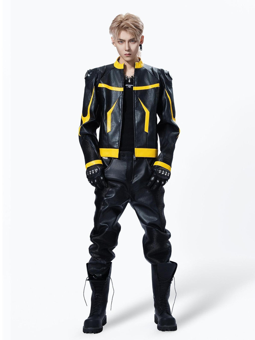 MOGONGSHE Racing Shoulder Pads Stand Collar Zipper Women's Pu Leather Jackets