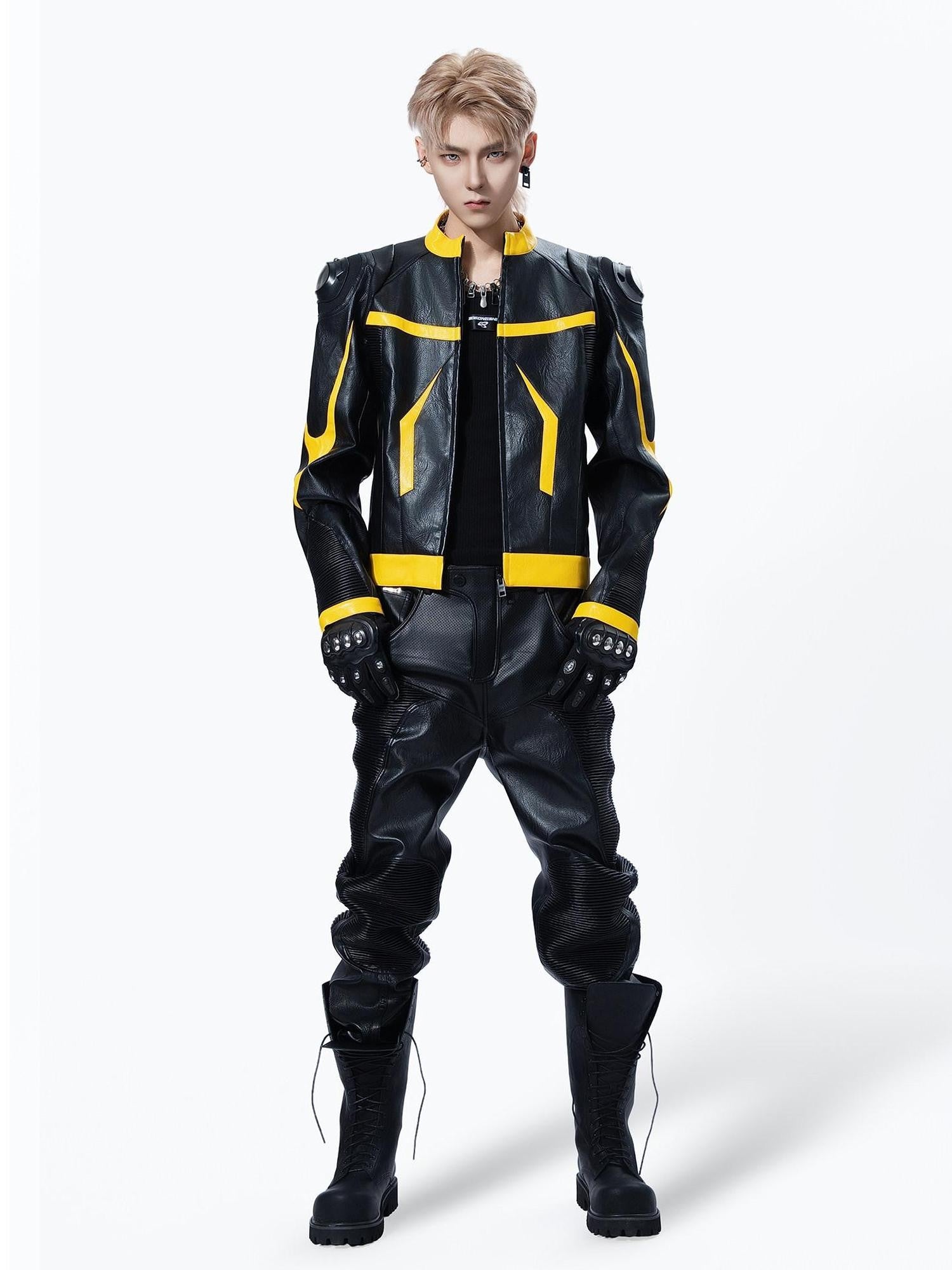 MOGONGSHE Racing Shoulder Pads Stand Collar Zipper Women's Pu Leather Jackets