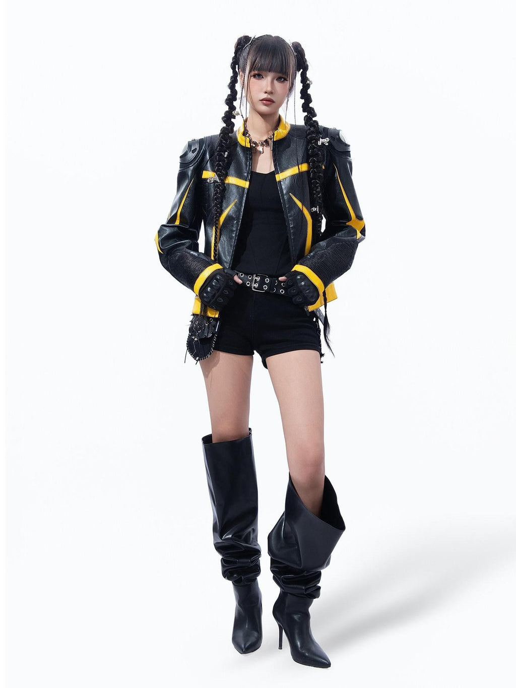 MOGONGSHE Racing Shoulder Pads Stand Collar Zipper Women's Pu Leather Jackets