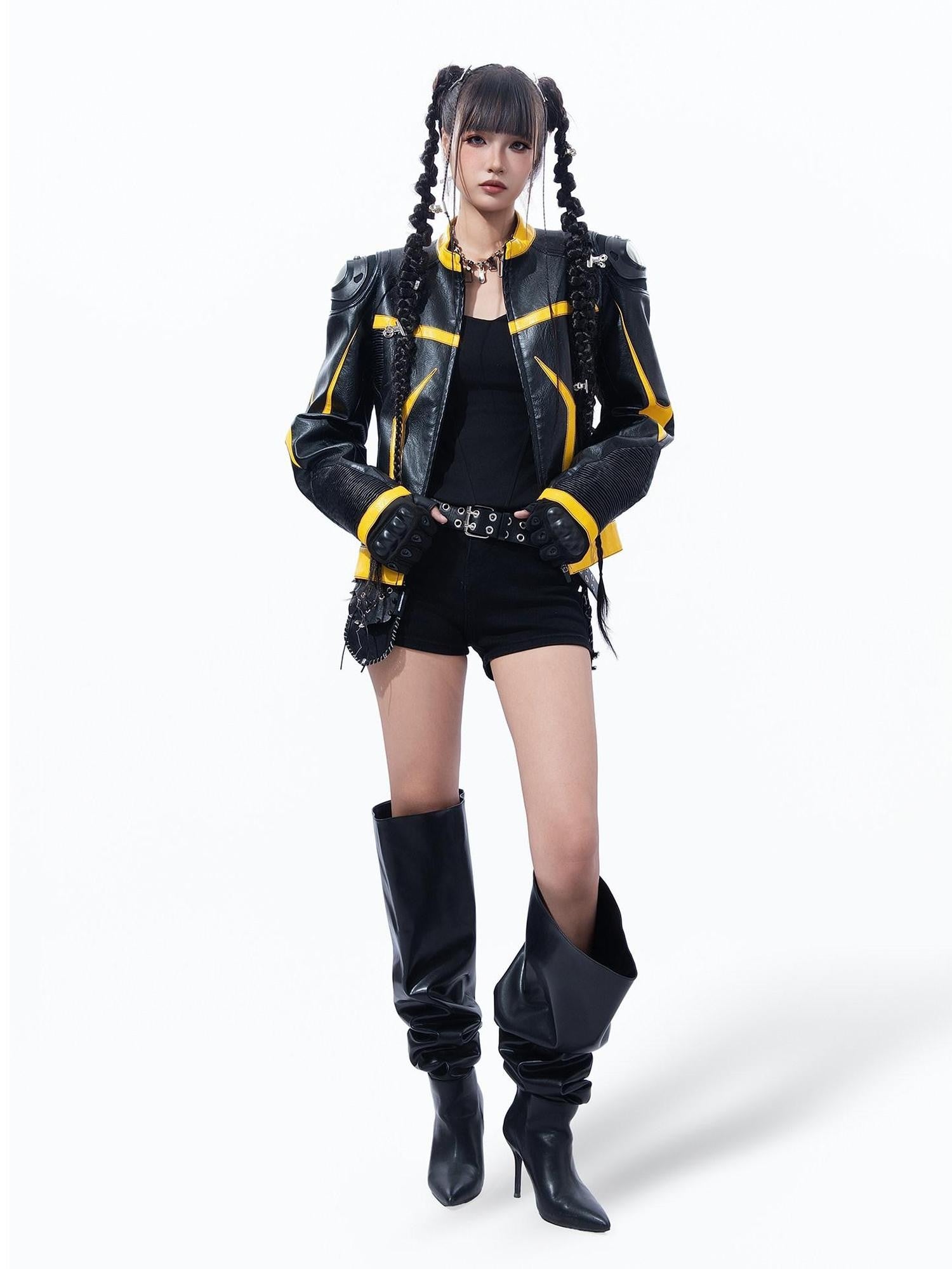 MOGONGSHE Racing Shoulder Pads Stand Collar Zipper Women's Pu Leather Jackets