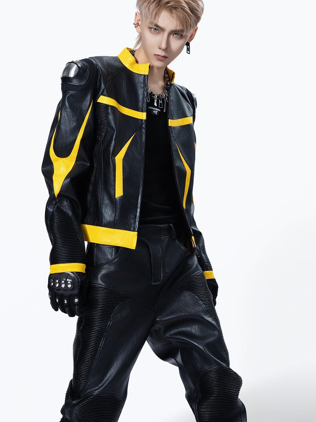 MOGONGSHE Racing Shoulder Pads Stand Collar Zipper Women's Pu Leather Jackets