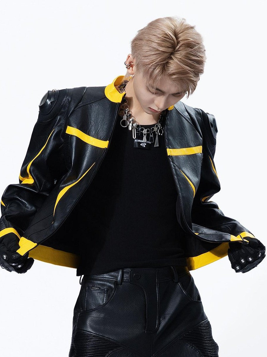 MOGONGSHE Racing Shoulder Pads Stand Collar Zipper Women's Pu Leather Jackets