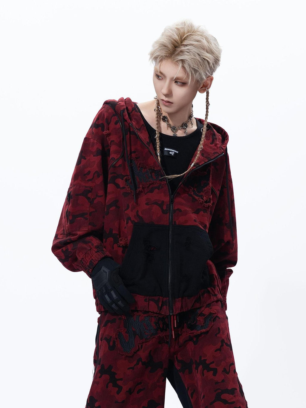 MOGONGSHE Red Camo Distressed Oversized High Street Women's Denim Jackets