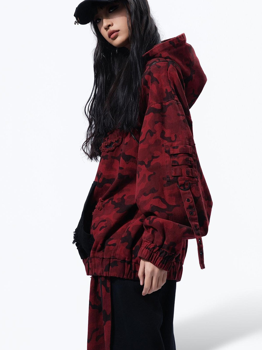 MOGONGSHE Red Camo Distressed Oversized High Street Women's Denim Jackets